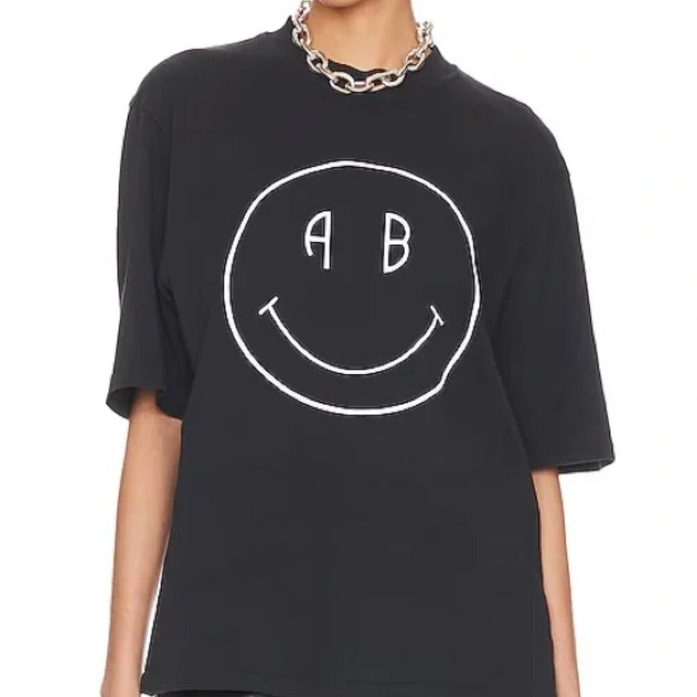 Anine Bing Avi Tee Smiley Face Black Graphic T-ee Sz: Med.